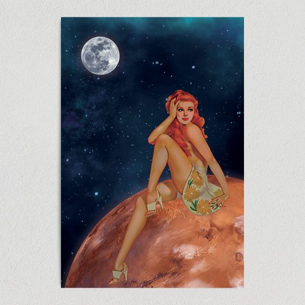 pin up girl sunbathing on mars art print poster template